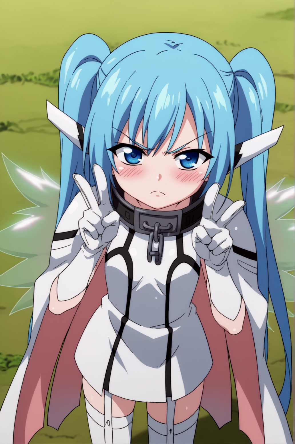 score_9, score_8_up, score_7_up,anime_source, source_anime, best background, detailed background, anime screencap,  nymph, 1girl, cape, collar, gloves, long hair, metal collar, solo, thighhighs, twintails, wings, blush, tsundere, seductive body, sexy, from above, victory pose, victory fingers, <lora:Nymph:0.8>