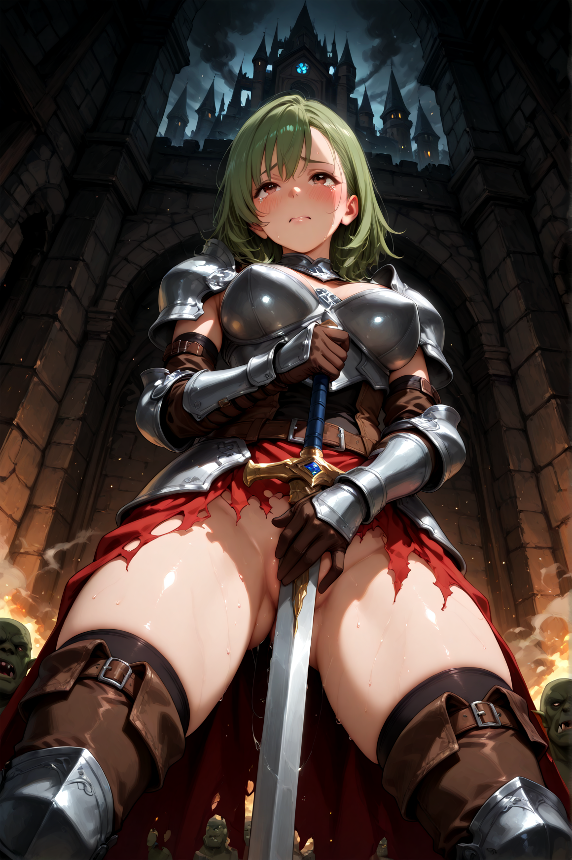 1girl, orc, from below, foreshortening, green hair, brown eyes, torn leather armor, holding sword, masturbation, thigh high boots, blush, looking up, gentle expression, tender pose, tears BREAK fantasy battlefield, ruined castle, dim lighting, smoke, soft focus, dark colors, masterpiece, best quality, absurdres