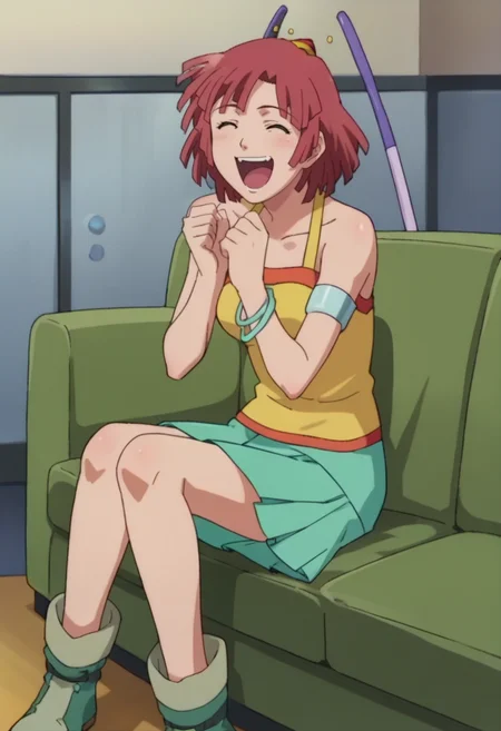 score_9,score_8_up,score_7_up,anime coloring BREAK source_anime,anime,<lora:Leena_Toros_Pony:0.8>,leena,1girl,solo,red hair,short hair,hair ornament,bracelet,jewelry,armband,yellow shirt,bare shoulders,green skirt,boots,arm support,laughing,sitting,indoors,couch,