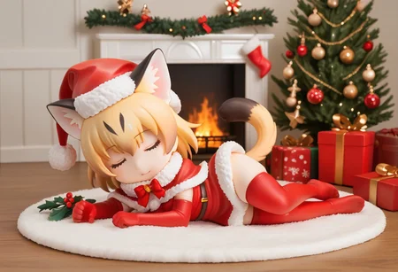 1girl, ((solo)), best quality, ultra-detailed, extremely detailed, perfect anatomy, masterpiece, score_9, score_8_up, score_7_up, Expressiveh, sand cat \(kemono friends\), 1girl, cat girl, cat ears, blonde hair, short hair, cat tail, christmas tree, christmas decoration, christmas ornaments, underneath Christmas tree background, indoors, santa cosplay, santa outfit, santa hat, santa's sack, Christmas outfit, giant sack of presents, fully clothed, Christmas themed thighhighs, thighhighs, elbow gloves, bowtie, santa's sack of presents, red ribbon collar, Christmas presents, Christmas themed, living room, fireplace, (chibi), cute, adorable, closed eyes, sleeping, smiling, laying on side, side view, tail_accessory, mistletoe_on_tail, mistletoe, closeup,