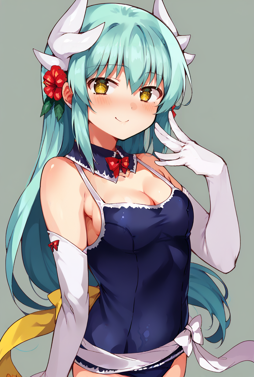 score_9,score_7_up <lora:kiyohime_(lancer)_XL_1:1>  bbkiyo, long hair, aqua hair, white horns, hair flower, yellow eyes, detached collar, cleavage, school swimsuit, blue one-piece swimsuit, elbow gloves, white gloves, sash, blush, smile,      <lora:konbu_wakame-Style-PonyXL-Dora-000039:1>
