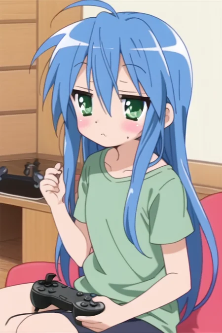 best quality, (konataRedux-10000:.9), ((playing video games, controller in hand)), pouting
