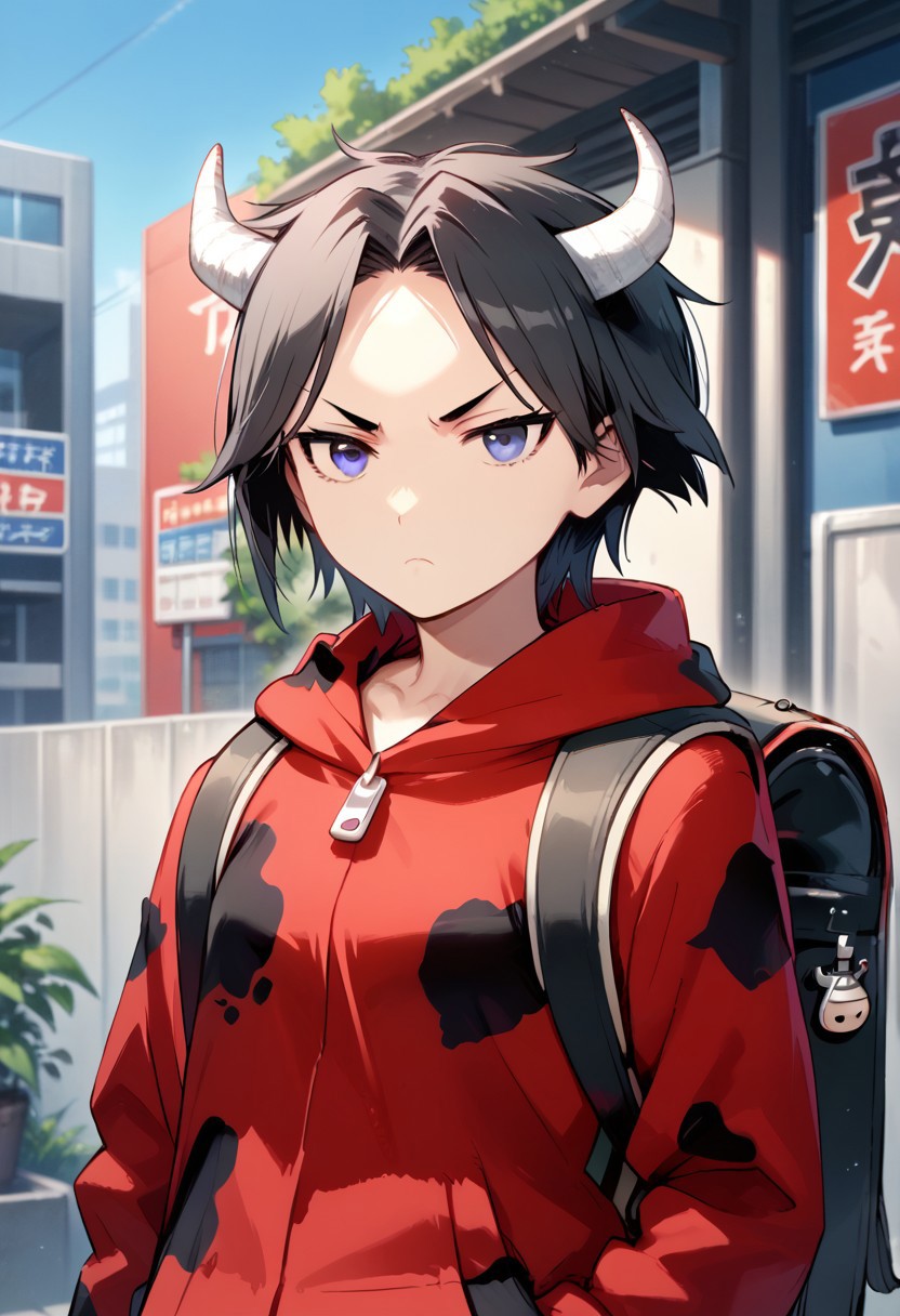 score_9, score_8_up, score_7_up, source_anime, Shaun Fenn,1girl,solo,looking at viewer,short hair,black hair,long sleeves,closed mouth,jacket,upper body,outdoors,horns,day,hood,bag,black eyes,parted bangs,grey eyes,frown,backpack,hood down,animal print,red jacket,hands in pockets, red cow print,