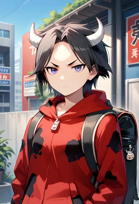 score_9, score_8_up, score_7_up, source_anime, Shaun Fenn,1girl,solo,looking at viewer,short hair,black hair,long sleeves,closed mouth,jacket,upper body,outdoors,horns,day,hood,bag,black eyes,parted bangs,grey eyes,frown,backpack,hood down,animal print,red jacket,hands in pockets, red cow print,