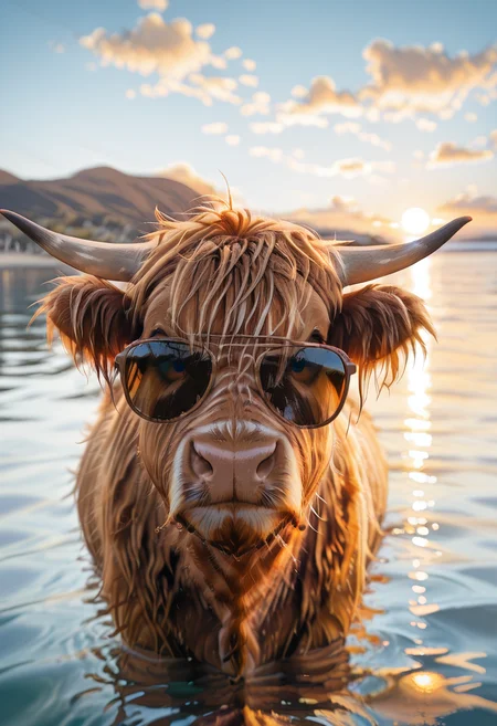masterpiece, best quality, zzCow, looking at viewer, closed mouth, outdoors, sky, day, cloud, water, blurry, depth of field, blurry background, ocean, sunglasses, reflection, sunset, sun, clothed animal ,<lora:HighlandCow_IXL:1.0>,