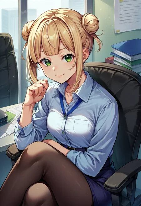 score_9, score_8_up, source_anime, 1girl, solo, RocoKaburaki, green eyes, blonde hair, short hair, double bun, sidelocks, blunt bangs, indoors, office lady, office chair, sitting, crossed legs, miniskirt, black pantyhose, dress shirt, smile, <lora:ChamRocoKaburakiPonyXL:1>