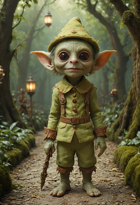 realistic photography a cute magical goblin with trickster's grin in an enchanted wonderland, beautiful whimsical fantasy art concept, detailed background, glowing particles, intricate details, ultra sharp, realism, <lora:Happy_World:0.8>