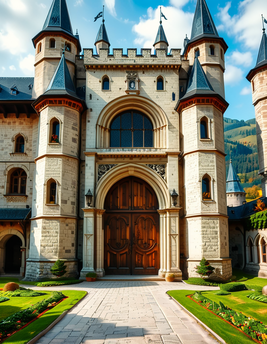 A highly detailed and realistic photograph of the massive entrance door of a medieval castle. The heavy wooden door is reinforced with large iron studs and intricate metalwork, set within a grand stone archway. The aged stone walls surrounding the entrance are weathered, covered in patches of moss and ivy, giving a sense of ancient history.
The cobblestone pathway leading to the door is slightly worn, with scattered fallen leaves and small tufts of grass growing between the stones. Above the entrance, a small, narrow window or arrow slit adds to the castleâs defensive design. The scene is illuminated by soft, natural light, casting shadows that highlight the textures of the stone and wood. The atmosphere is mysterious and majestic, evoking a sense of medieval grandeur.
<lora:SDXLFaeTastic2400:0.4> <lora:extremely_detailed:0.4> extremely detailed,  <lora:medieval_c4stl3_d00r:1>,medieval c4stl3 d00r, Masterpiece,best quality,hi res,8k,hi res,8k,award winning,(sharp focus, intricate, highly detailed),