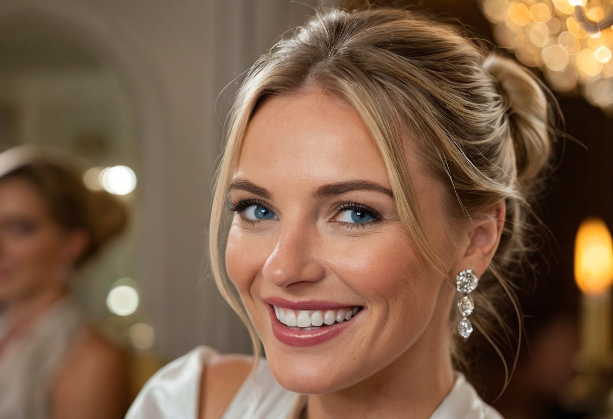 A hyper-detailed, high-resolution (8K) close-up portrait of a 40-year-old woman with sleek blonde hair tied back in a soft bun, wearing a light, airy white blouse. Her striking blue eyes gleam with happiness, framed by delicate laugh lines that enhance her natural charm. The background is intentionally blurred, suggesting an opulent hotel lounge—crystal chandeliers, velvet drapes, and the soft glow of candlelight reflecting in gilded mirrors. Shot with a Hasselblad H6D-100c medium-format camera, using a tight crop and a shallow depth of field (f/2.8) to capture the luminous quality of her skin against the rich, moody backdrop. The lighting is sumptuous and directional, evoking the elegance of classic Hollywood portraiture."