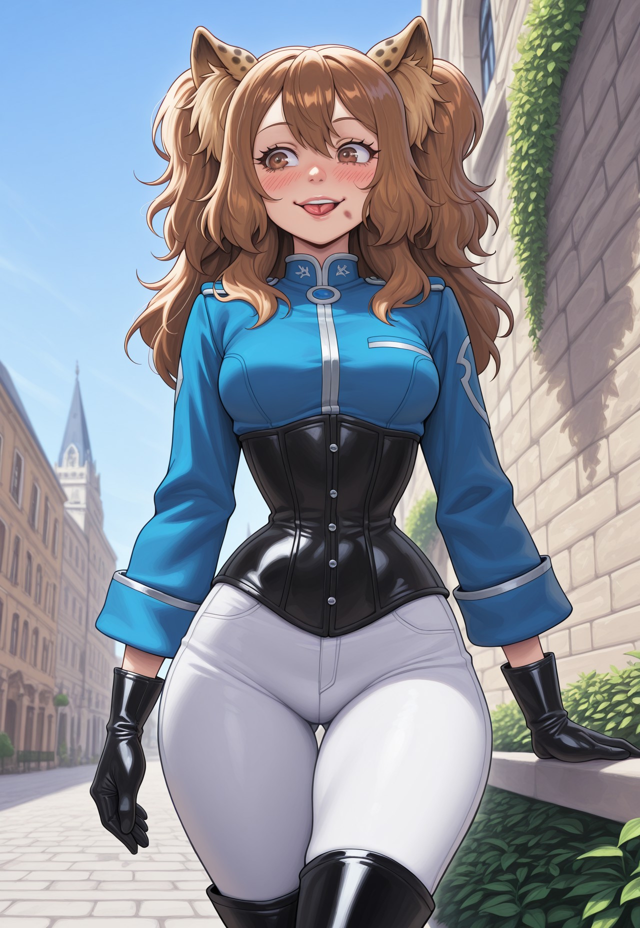 1girl. solo,
LovUEruza, CheetahEars, brown hair, EruRedEyes, , medium breasts, long hair, brown eyes,
cheeky smile,
black leather gloves, blue musketeer uniform, corset, narrow waist, black leather boots, white pants, 
Eyes Slightly narrowed, pupils subtly dilated, a gaze "through the lashes" or from the corner of the eye, Lips Parted just a little, the tongue barely touching the upper lip, Blush
A soft hint of flush on the cheeks, neck, or décolletage.
cowboy shot.
outdoors, French Renaissance City, summer green plants, blue sky, blooming sakura,
blackmyst,
masterpiece, best quality, newest, absurdres, highres, ,amazing quality, (masterwork, masterpiece, best quality, hyper-detailed, 8k uhd::1.4), IllusP0s, masterpiece,best quality,amazing quality,very aesthetic,high resolution,ultra-detailed,absurdres,newest, masterpiece, best quality, amazing quality, very aesthetic, detailed eyes, perfect eyes, realistic eyes,