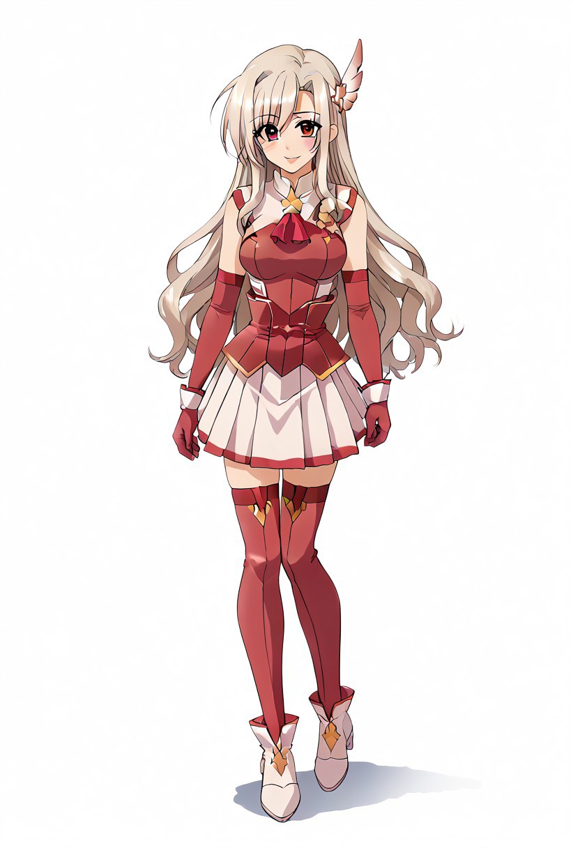 score_9, score_8_up, score_7_up, source_anime, good anatomy, 1girl, solo, mature body, adult woman, white hair, red eyes, long hair, hair ornament, feathers, pale pink shirt, white skirt, pleated skirt, elbow gloves, magical girl, pink thigh Boots, (((cropped jacket, white jacket, sleeveless jacket, open jacket, red corset))), medium breasts, full body