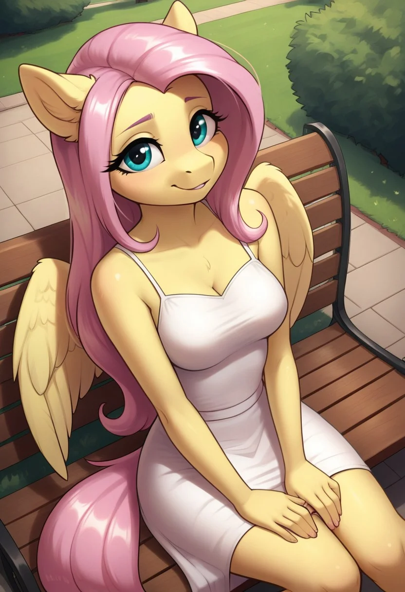 score_9, score_8_up, score_7_up, score_6_up, realistic illustration, dramatic angle, public park, park bench, indoors, close view, 1girl, solo, fluttershy, (anthro pony), 18 yo, tail, wings, petite body, shiny skin, medium breasts, white dress, knee length dress, seduce, seducing, inviting look, dynamic pose, dramatic angle, sitting, looking at you, high angle, hands on knees,