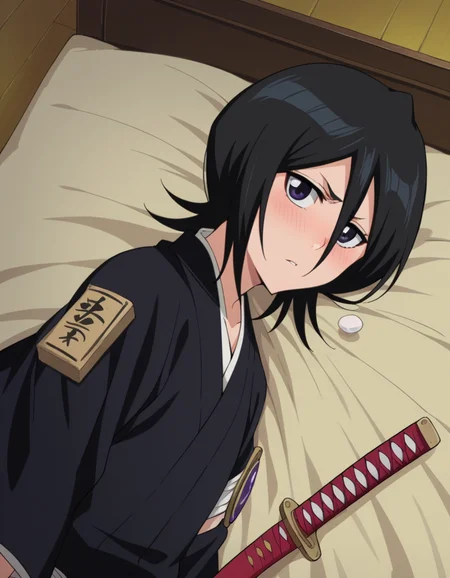 score_9, score_8_up, score_7_up, source_anime,
rukiakuchiki, <lora:rukia-kuchiki-ponyxl-lora-nochekaiser:1>,
rukia kuchiki, black hair, hair between eyes, purple eyes, short hair,
weapon, japanese clothes, sword, kimono, katana, sheath, hakama, black kimono, long sleeves, wide sleeves,
indoors, bed, bed room, on side, blush, drunk,
looking at viewer, dutch angle, cowboy shot,