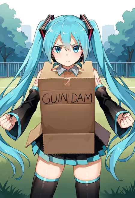 score_8, score_8_up, score_7_up, source_anime, 1girl, female focus, solo, Hatsune Miku, aqua hair, twintails, aqua eyes, detached sleeves, tattoo, pleated skirt, thigh boots, ha_ko_ga, cardboard box, English text, duct tape, clenched hands, standing, outdoors, plain, grass, serious, straight-on,