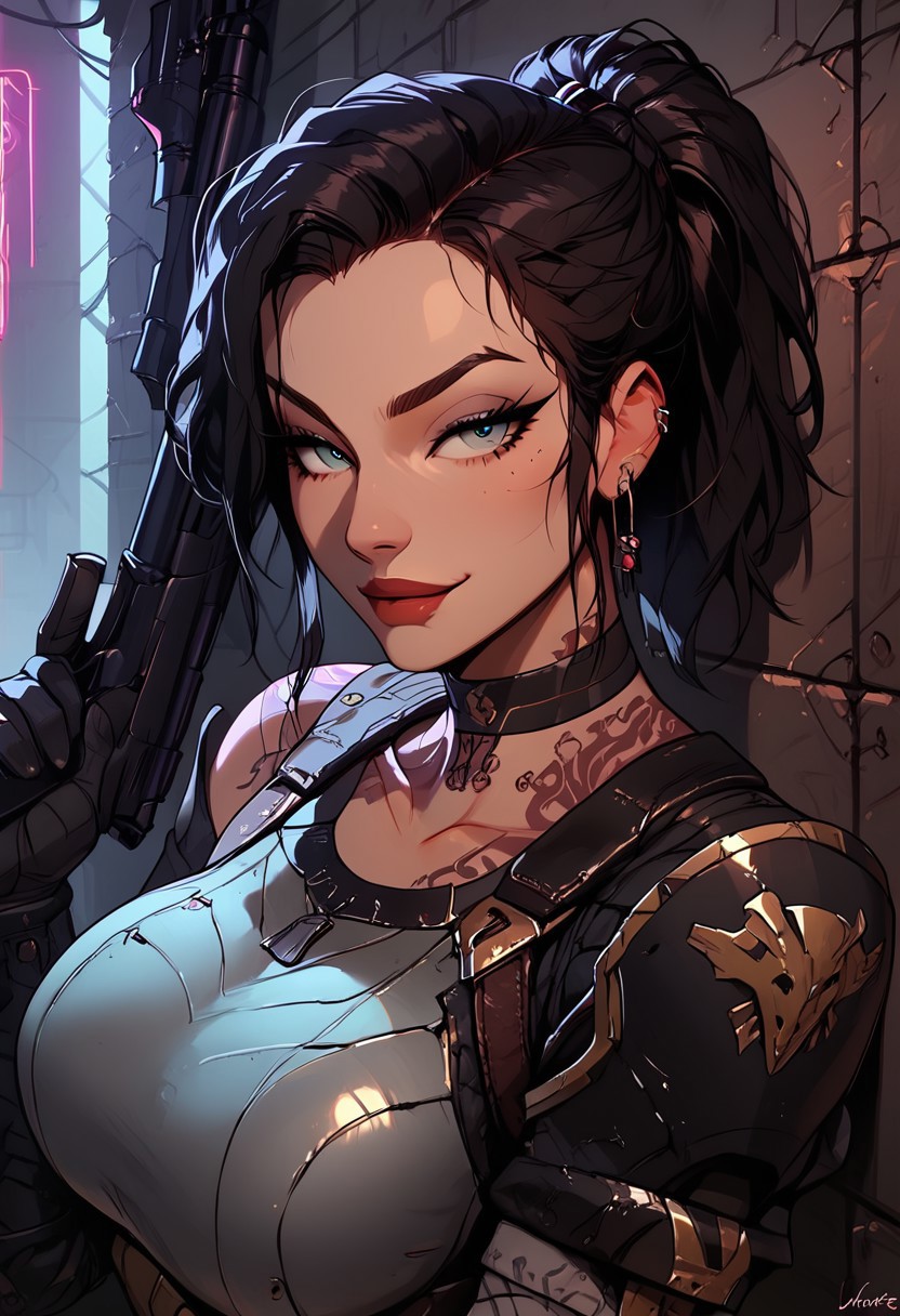 Score_9, Score8_up, Score_7_up, (((High Resolution, Best Quality))), 
1girl, solo, toned arms, sleeveless, Covered in Tattoos, neck tattoos, hair tied up, black hair, doomslayer armor, demonslayer armor, 
futuristic, futuristic armor, neon lights on armor, armored suit, body armor, armor, plated armor, revealing, tactical, military gear,
large breasts, choker, dog tags, ear piece, 
seducing, seductive, flirty, tender, loving, playful, looking at viewer, smug, 
leaning against wall, holding a shotgun, 
inside, Military, military base, military barracks, cots, crates, military boxes, guns, bullets, supplies, armory,