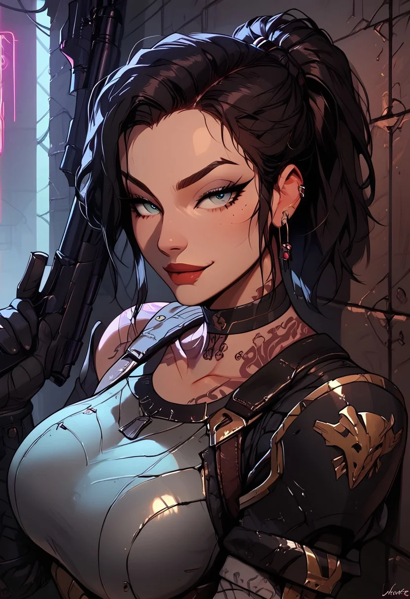 Score_9, Score8_up, Score_7_up, (((High Resolution, Best Quality))),
1girl, solo, toned arms, sleeveless, Covered in Tattoos, neck tattoos, hair tied up, black hair, doomslayer armor, demonslayer armor,
futuristic, futuristic armor, neon lights on armor, armored suit, body armor, armor, plated armor, revealing, tactical, military gear,
large breasts, choker, dog tags, ear piece,
seducing, seductive, flirty, tender, loving, playful, looking at viewer, smug,
leaning against wall, holding a shotgun,
inside, Military, military base, military barracks, cots, crates, military boxes, guns, bullets, supplies, armory,