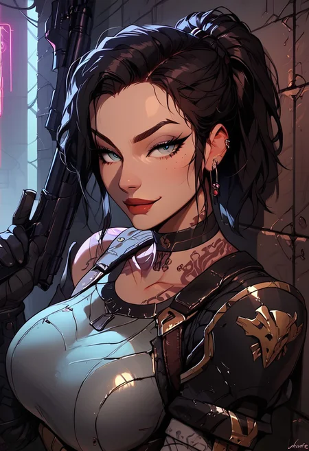 Score_9, Score8_up, Score_7_up, (((High Resolution, Best Quality))), 
1girl, solo, toned arms, sleeveless, Covered in Tattoos, neck tattoos, hair tied up, black hair, doomslayer armor, demonslayer armor, 
futuristic, futuristic armor, neon lights on armor, armored suit, body armor, armor, plated armor, revealing, tactical, military gear,
large breasts, choker, dog tags, ear piece, 
seducing, seductive, flirty, tender, loving, playful, looking at viewer, smug, 
leaning against wall, holding a shotgun, 
inside, Military, military base, military barracks, cots, crates, military boxes, guns, bullets, supplies, armory,