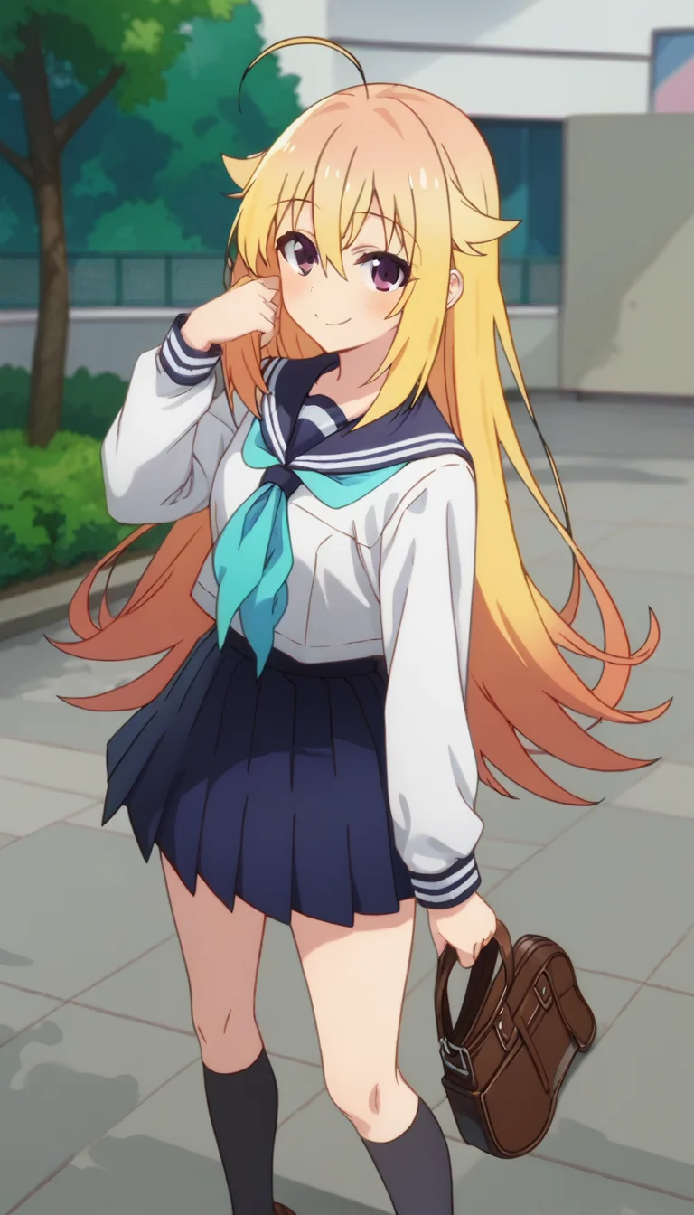 score_9,score_8_up,score_7_up,score_6_up BREAK official art,solo,outdoors,cowboy shot,looking at viewer,facing viewer,smile,blush,Koshi Torako,ahoge,very long hair,blonde hair,hair flaps,sidelocks,hair between eyes,bangs,purple eyes,school uniform,blue sailor collar,blue neckerchief,white shirt,long sleeves,blue skirt,pleated skirt,black socks,loafers,brown footwear,<lora:Koshi Torako(snk)-Pony:1.6>,
