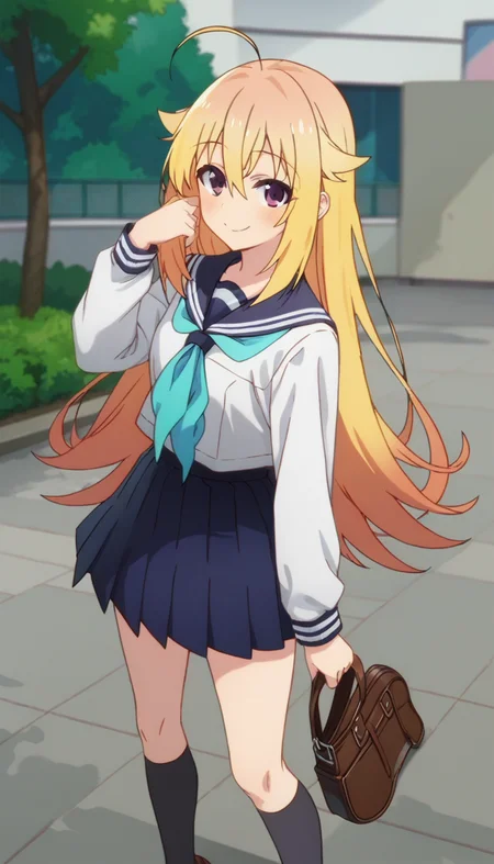 score_9,score_8_up,score_7_up,score_6_up BREAK official art,solo,outdoors,cowboy shot,looking at viewer,facing viewer,smile,blush,Koshi Torako,ahoge,very long hair,blonde hair,hair flaps,sidelocks,hair between eyes,bangs,purple eyes,school uniform,blue sailor collar,blue neckerchief,white shirt,long sleeves,blue skirt,pleated skirt,black socks,loafers,brown footwear,<lora:Koshi Torako(snk)-Pony:1.6>,