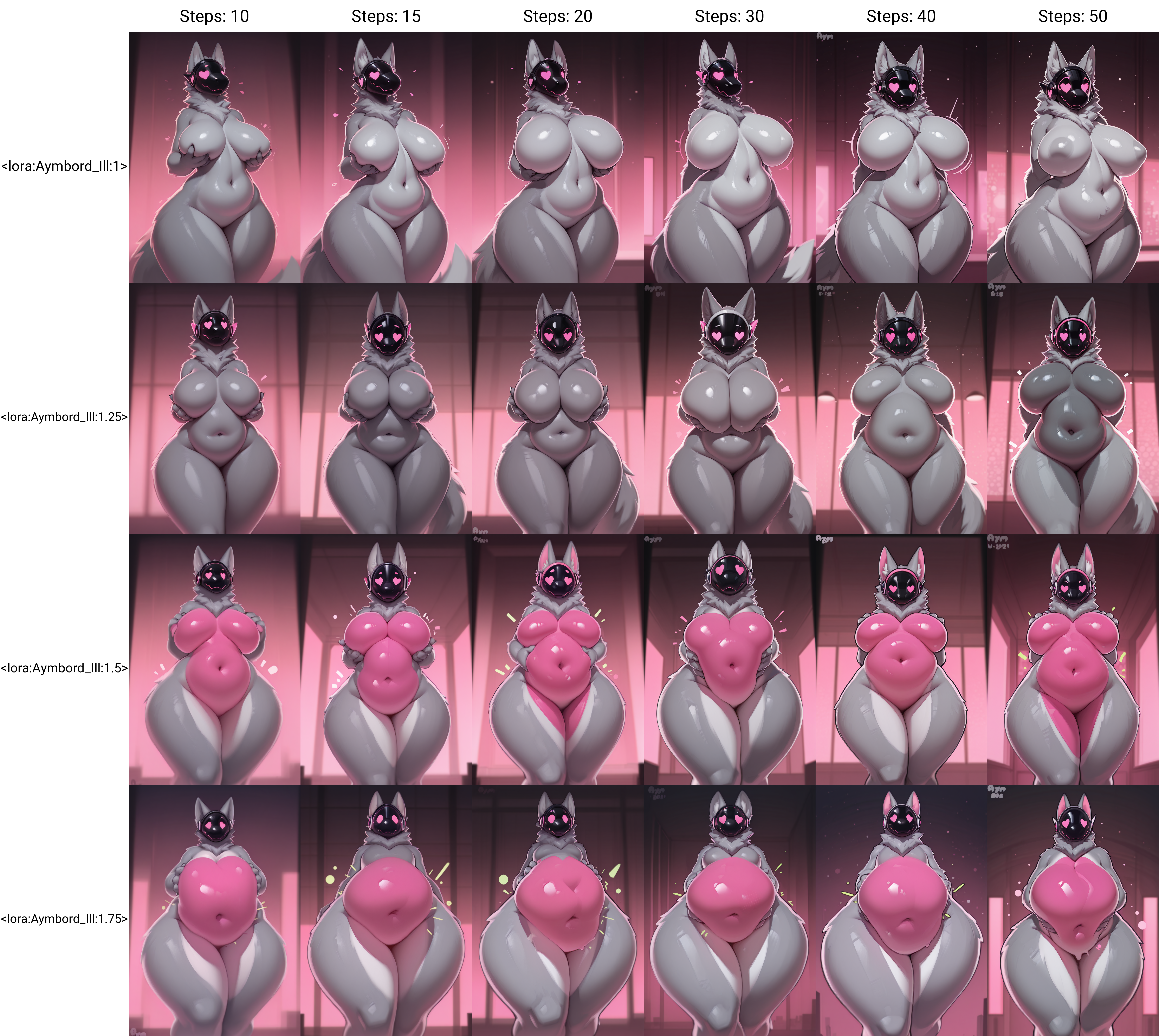 furry female, solo,  female, thick, (wide hips:1.5), glossy, protogen, giant breast, sexy, nude, thick, extra thick, curvy, standing, navel, gray fur, heart shaped eyes, cute belly, 
<lora:Aymbord_Ill:1> aymbord,, score_9, score_8_up, score_7_up, score_6_up, score_5_up, score_4_up, masterpiece,best quality,amazing quality,  lazypos, lazyup,