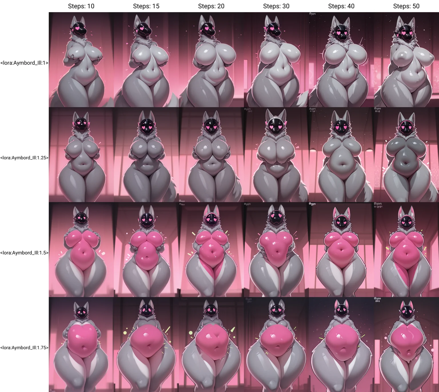 furry female, solo, female, thick, (wide hips:1.5), glossy, protogen, giant breast, sexy, nude, thick, extra thick, curvy, standing, navel, gray fur, heart shaped eyes, cute belly,
<lora:Aymbord_Ill:1> aymbord,, score_9, score_8_up, score_7_up, score_6_up, score_5_up, score_4_up, masterpiece,best quality,amazing quality, lazypos, lazyup,