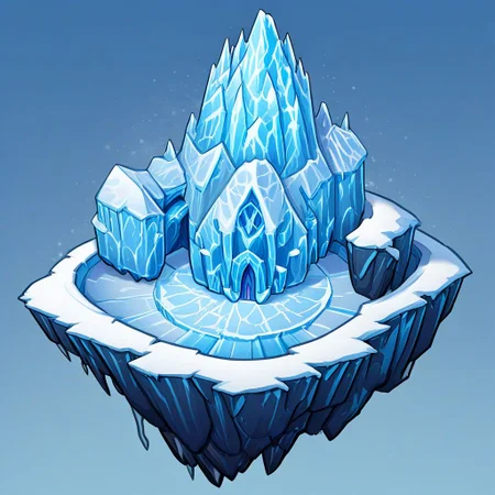 matchcraft floating island, game asset, 2d, digital painting, outline style, comic book style, fine lines, best quality, image posterization, simple details, clear white background, fantasy floating island, ice biome, frozen island, building on island, covered by snow