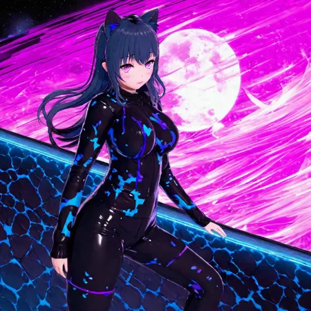 Vapor Wave, Futaba, Anime Art Style, High Quality, High Resolution, Sharp, High Resolution Eyes, Full Body, High-Definition Fantasy Background Cat Girl