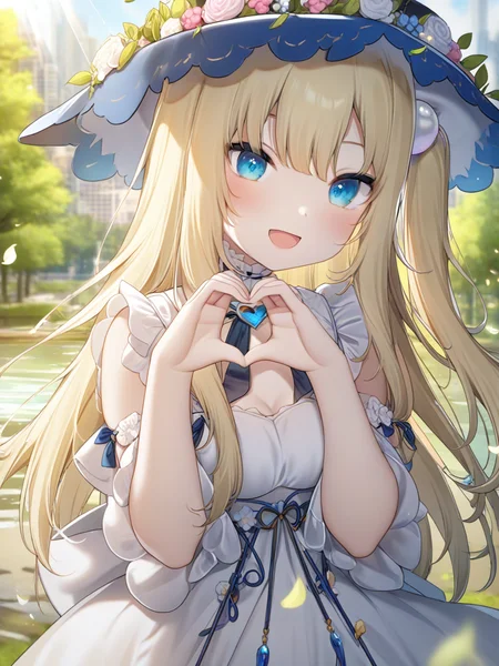 1girl,solo,blonde hair,long hair,one side up,blue eyes,medium breasts,white frilled thighhighs,hat,head wreath,white dress,
open mouth,smile,standing,heart hands,looking at viewer,
light rays,day,cityscape,park,river,tree,willow,falling petals,
upper body,close up,
<lora:gan_cheng_3-000044>,