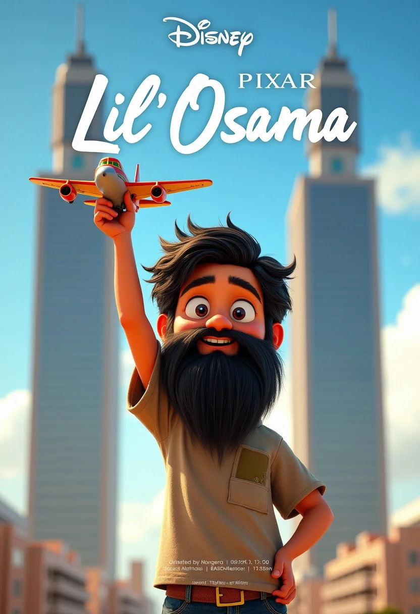 A Disney pixar movie poster, featuring a young boy with a very long ZZtop beard, holding a toy airplane with one hand in the air, two identical flat-roofed business towers in the background, the movie title at the top says "Lil' Osama", text at the bottom saying "in theaters this spring", Disney pixar logo above title, actor names and studios details at the bottom, highly detailed, best quality, 4k