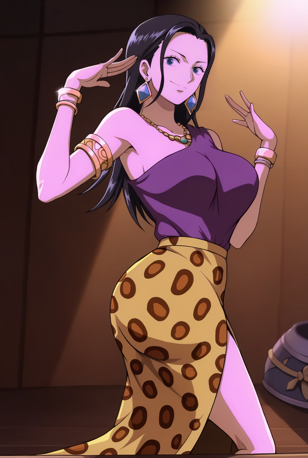 score_9, score_8_up, source_anime,  BREAK solo, 1girl, looking at viewer, cowboy shot,
<lora:NicoRobinAIOPostPart3PdxlDwnsty-000008:0.8>, zmovie, blue eyes, black hair, hair slicked back, long hair, jewelry, earrings, bracelet, necklace, long skirt, armlet, rings, leopard print, purple shirt, sleeveless shirt, single-shoulder shirt, shirt tucked in, 
large breasts, smile, dancing, hands up, ass shake, thighs, motion blur, ass,
indoors, stage, spotlight,