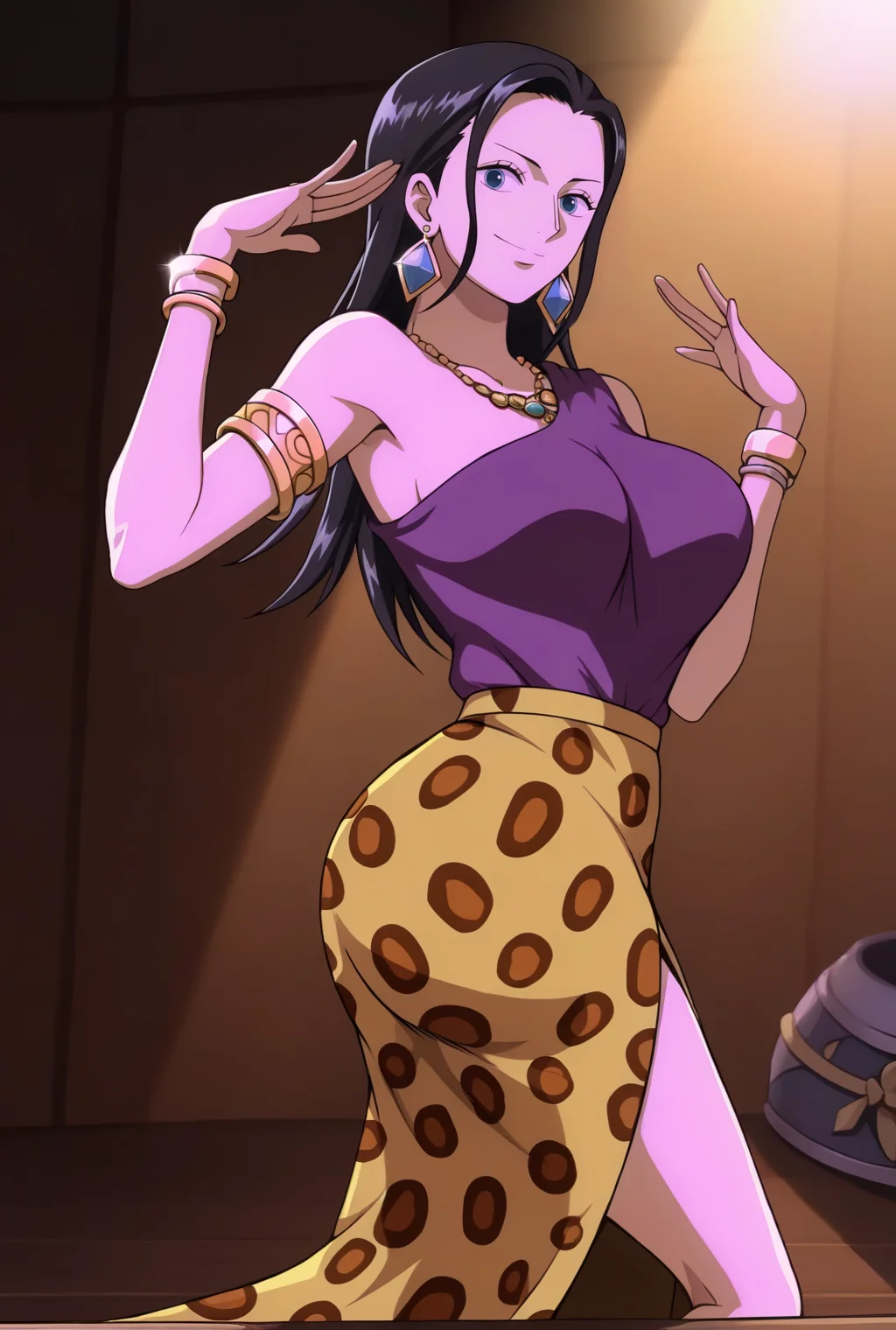 score_9, score_8_up, source_anime,  BREAK solo, 1girl, looking at viewer, cowboy shot,
<lora:NicoRobinAIOPostPart3PdxlDwnsty-000008:0.8>, zmovie, blue eyes, black hair, hair slicked back, long hair, jewelry, earrings, bracelet, necklace, long skirt, armlet, rings, leopard print, purple shirt, sleeveless shirt, single-shoulder shirt, shirt tucked in, 
large breasts, smile, dancing, hands up, ass shake, thighs, motion blur, ass,
indoors, stage, spotlight,