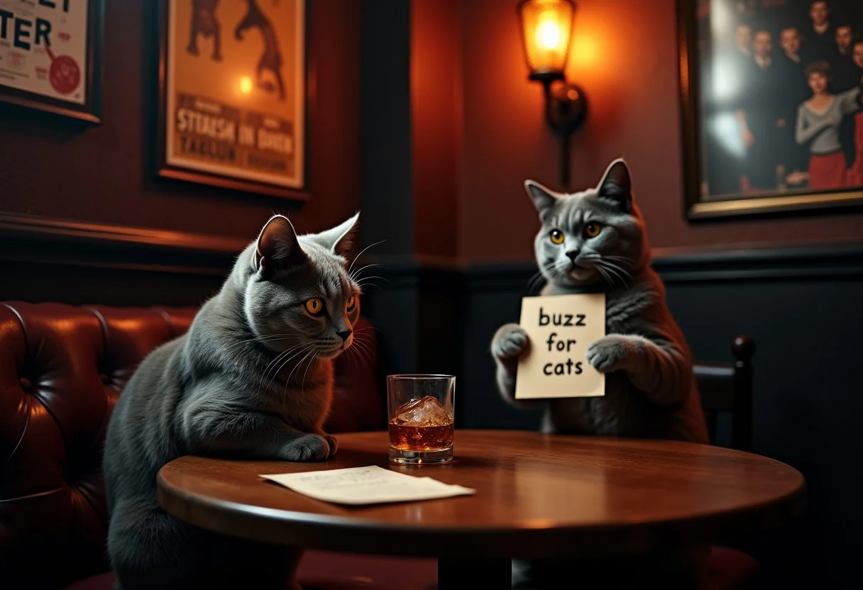 A grey cat at a nightclub, sitting at a table in the corner, a whiskey, poster from catmovies at the wall, dark , another cat is holding a paper with the text „buzz for cats“