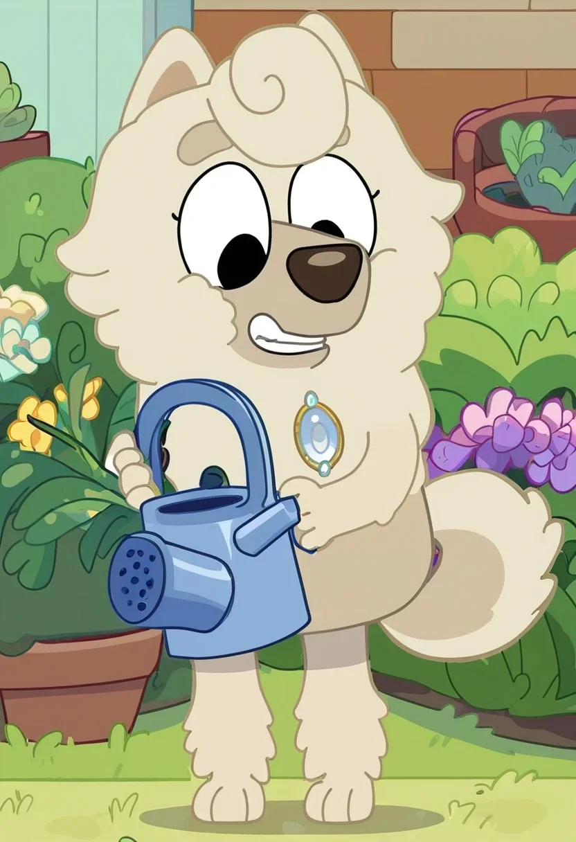 score_7_up, score_8_up, score_9, masterpiece, high quality,
WendyBluey, female, furry female, solo, 1girl, adult, cartoon, anthro dog, dog ears, chow chow, beige fur, black eyes,
front hair curl, silver brooch, brown nose, dog tail,
smiling, teeth, lowered eyelids, holding watering can, watering flowers,
standing, full body view, full body