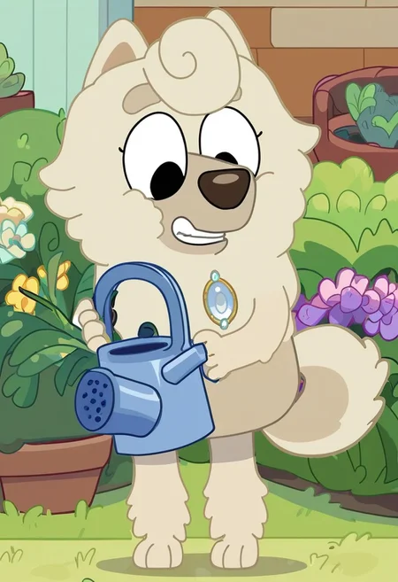 score_7_up, score_8_up, score_9, masterpiece,  high quality,
WendyBluey, female, furry female, solo, 1girl, adult, cartoon, anthro dog, dog ears, chow chow, beige fur, black eyes, 
front hair curl, silver brooch, brown nose, dog tail, 
smiling, teeth, lowered eyelids, holding watering can, watering flowers,
standing, full body view, full body