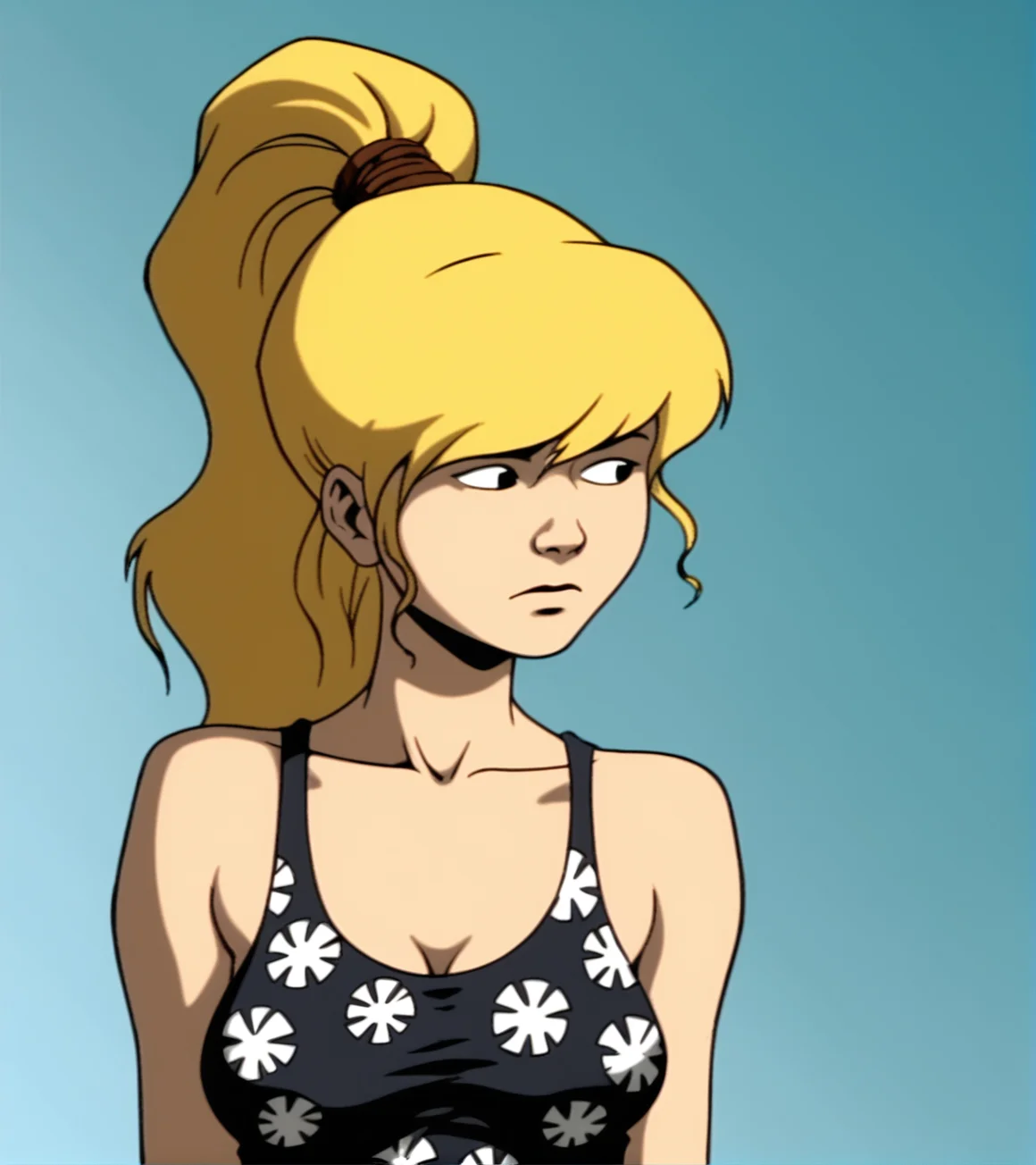 score_9, score_8_up, score_7_up,
1girl, solo, JulieWinters, 
 upper body, black tank top, floral shirt, ponytail, medium breasts, 
looking to side, gradient background, cartoon, source_cartoon, 1990s_(style)
<lora:Julie_Winters:1>
