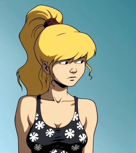 score_9, score_8_up, score_7_up,
1girl, solo, JulieWinters,
upper body, black tank top, floral shirt, ponytail, medium breasts,
looking to side, gradient background, cartoon, source_cartoon, 1990s_(style)
<lora:Julie_Winters:1>