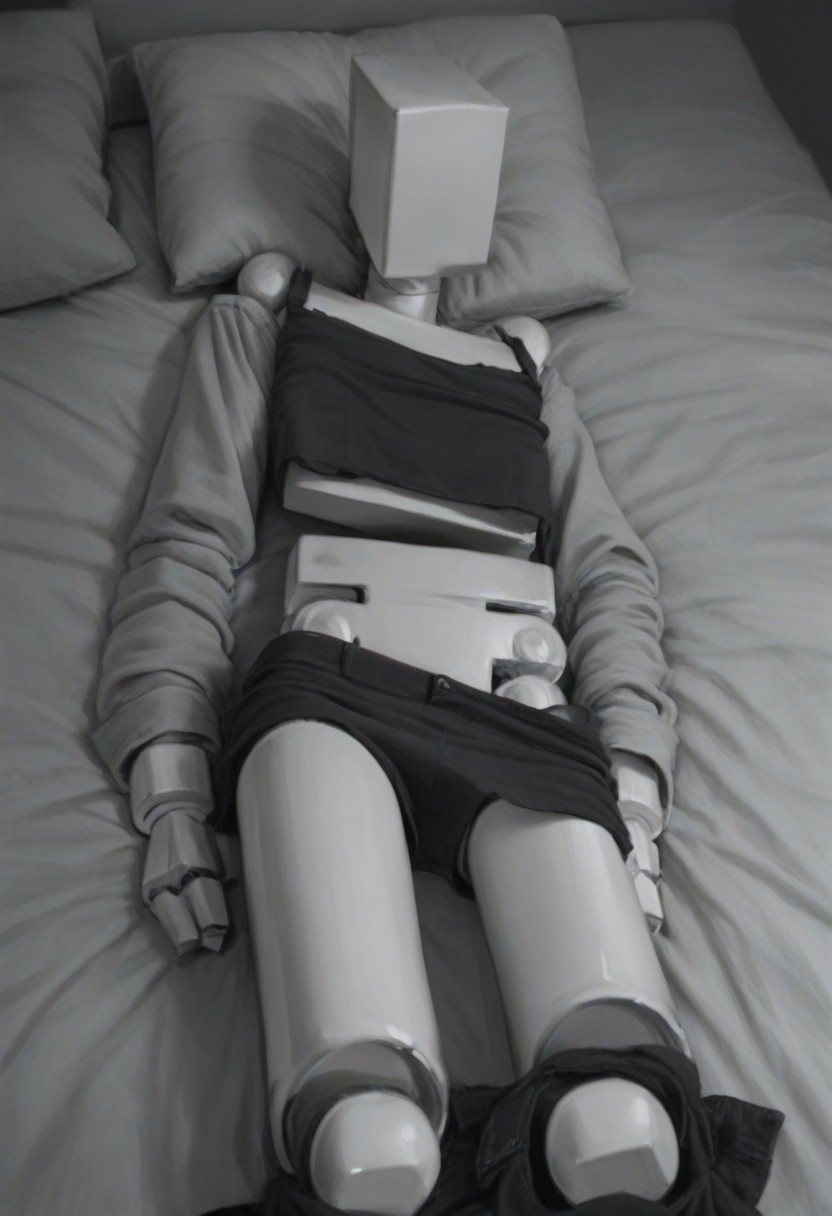 score_9, score_8_up, score_7_up, score_6_up,  highly detailed, realistic, cyberpunk,  BoxPerson, monochrome, greyscale, no humans, robot, mecha, humanoid robot, undressing, clothes lying around