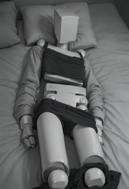 score_9, score_8_up, score_7_up, score_6_up,  highly detailed, realistic, cyberpunk,  BoxPerson, monochrome, greyscale, no humans, robot, mecha, humanoid robot, undressing, clothes lying around
