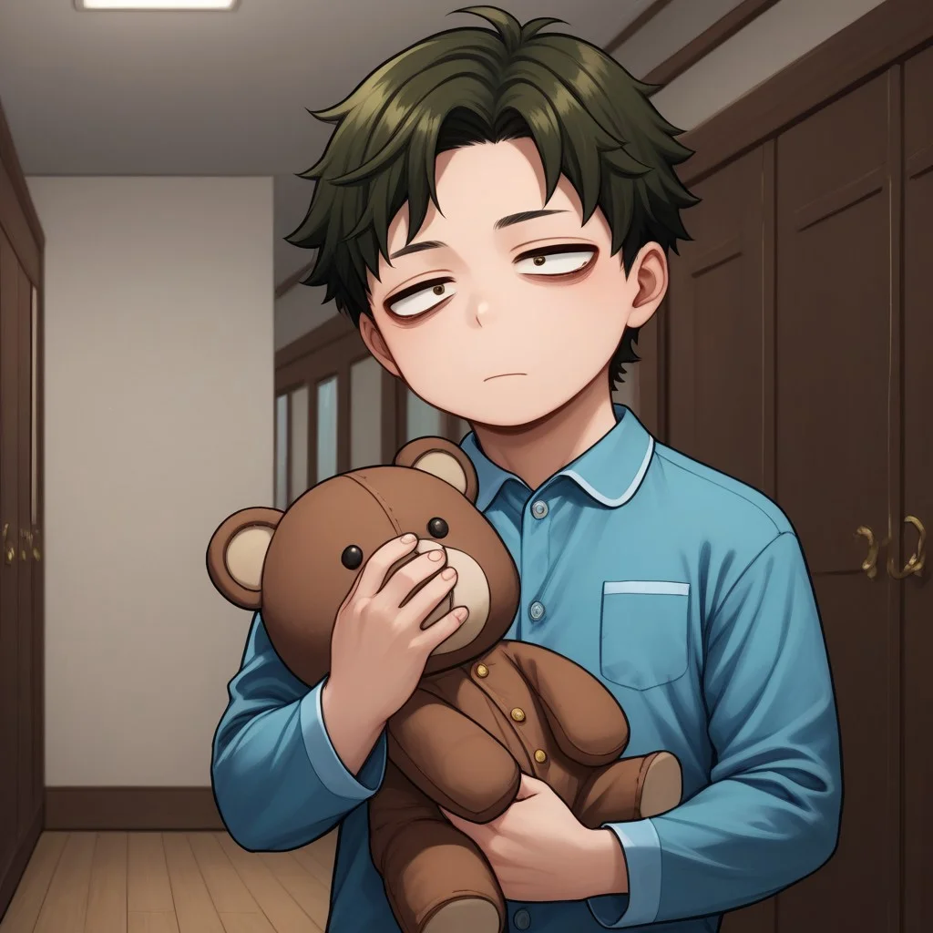 score_9, score_8_up, score_7_up, source_anime, highly detailed, cute boy, 1boy, solo, young, damian desmond, short hair, brown hair, brown eyes, blue pajamas, button up pajama shirt, holding teddy bear, rubbing eye, sleepy, bags under eyes, bare feet, at night, in hallway