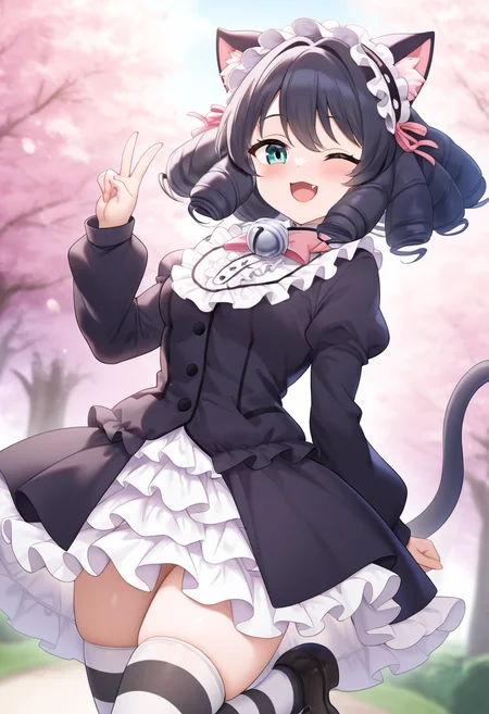 1girl,solo,cyan_(show_by_rock!!),<lora:cyanil:0.9>,green eyes,blue eyes,curly hair,black hair,fang,cat ears,cat tail,headdress,dress,long_sleeves,jingle bell,gothic,pink bow,white frills,striped thighhighs,open mouth,park,smile,standing_on_one_leg,v,wink,looking_at_viewer,cowboy_shot,masterpiece,best quality,good quality,newest,incredibly absurdres,cherry blossoms,