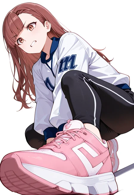 masterpiece,high quality details, absurdres,
<lora:Nagisa_Satou:0.8>
nagisa_cnr, 1girl, brown hair, long hair, blunt bangs, asymmetrical bangs, brown eyes,
sportswear, white shirt, white jacket, long sleeves, black pants, pink sneakers,, simple background, white background, dutch angle,solo,, crazy,clenched teeth,