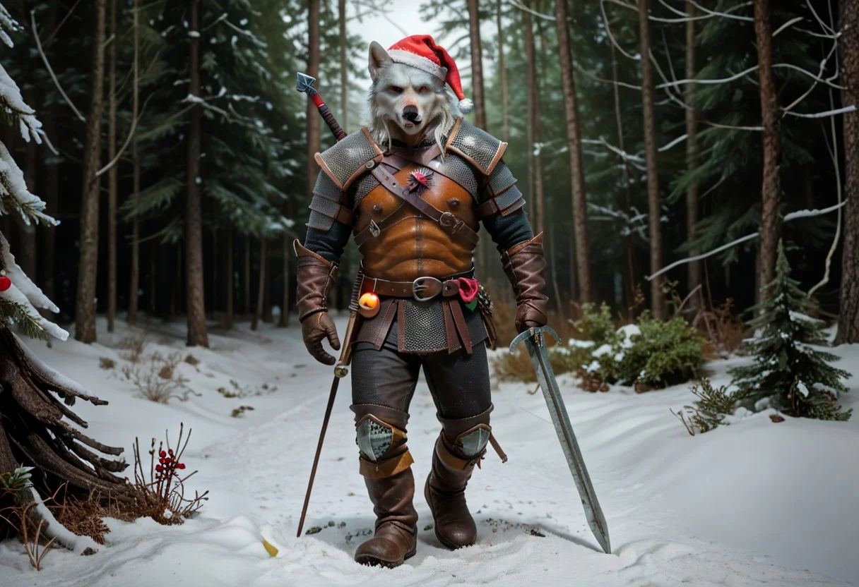 Geralt, solo, (as a white wolf), w1tch3r, (wearing a christmas hat),
in a snow forest, christmas tree in the background,
(fluffy_new_year, merry_furistmas),
looking at the camera, grim,
sfw