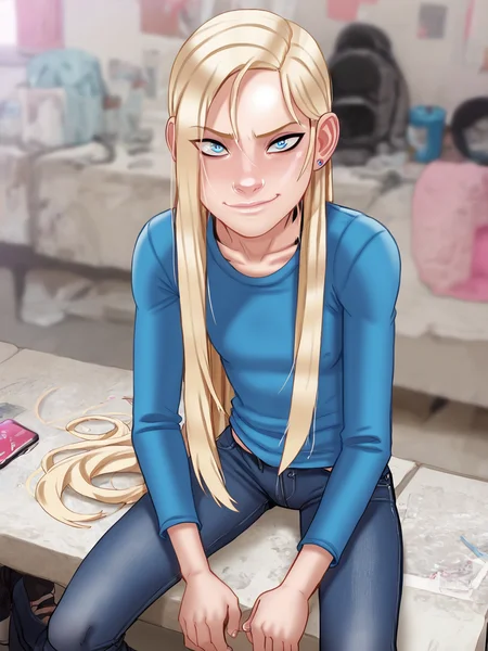 score_9, score_8_up, score_7_up, score_6_up, BREAK, LilLily, solo, long hair, blue eyes, blonde hair, blue shirt, long shirt, jeans, looking at viewer, <lora:Lily:1>