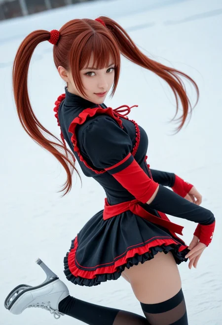 score_9, score_8_up, score_7_up, score_6_up, 
1girl, 25 years old, perfect face, (adult), sexy,
brown eyes,
red hair, very long hair, twintails, sidelocks, blunt bangs, floating hair,
pom pom (clothes), kung fu dress, puffy short sleeves, black skirt, frilled skirt, 
black thighhighs, 
figure skating, ice skating, skating rink, ice skates, dynamic angle, dynamic pose, 
winter,