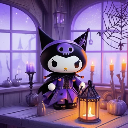 concept art Kuromi, gothic witch costume, tall pointed hat, spiderweb cape, cauldron in background, orange and purple, in a lovely shack with windows and candles   <lora:kuromi:1> kuromix  . digital artwork, illustrative, painterly, matte painting, highly detailed