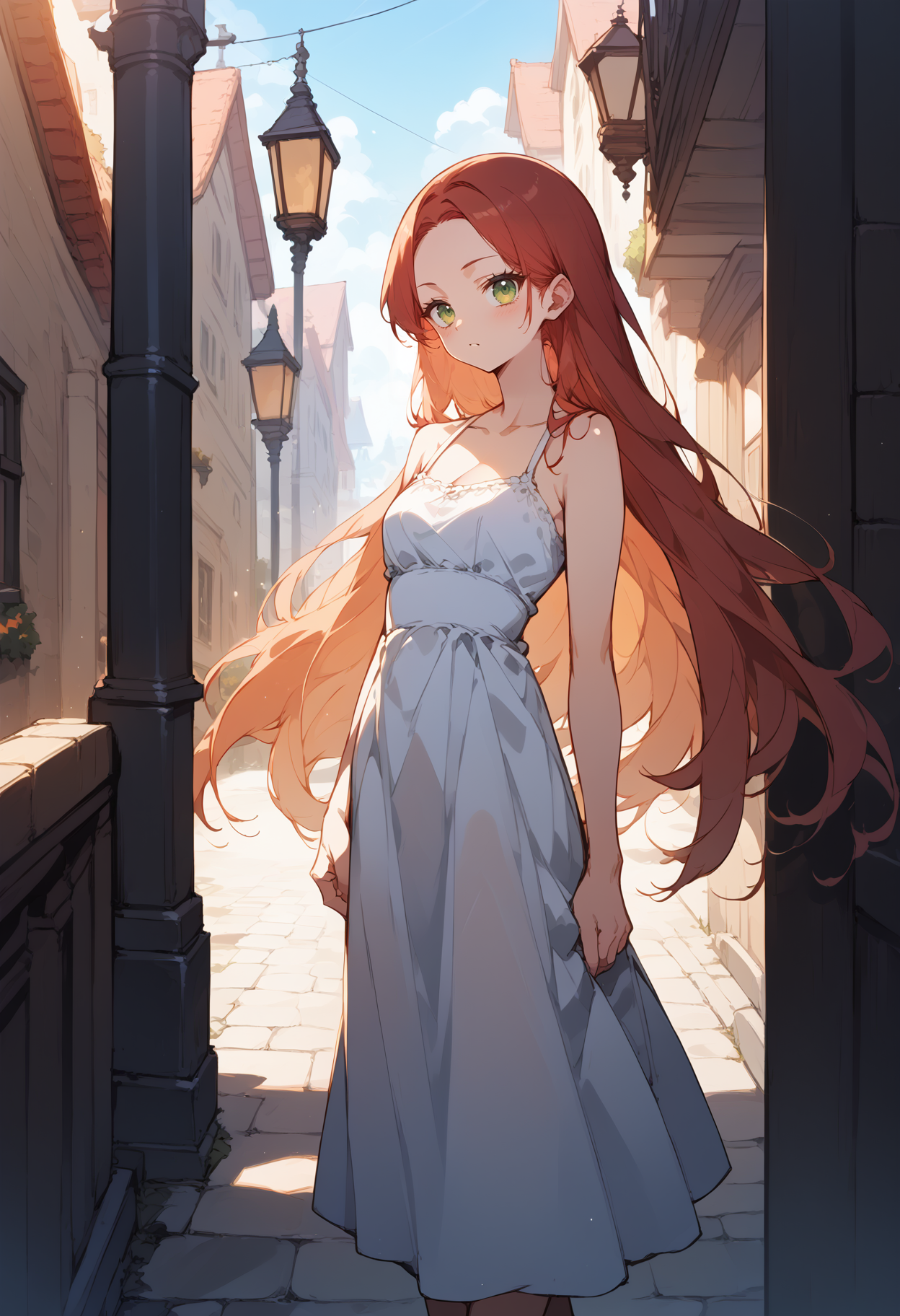 score_9,score_8_up,score_7_up,score_6_up,source_anime,absurdres,
BREAK <lora:Florentia_Lombardi:0.8>,FlorentiaLombardi,1girl,solo,skinny,toned,perfect anatomy,forehead,red hair,very long hair,straight_hair,green eyes,long eyelashes,sundress,