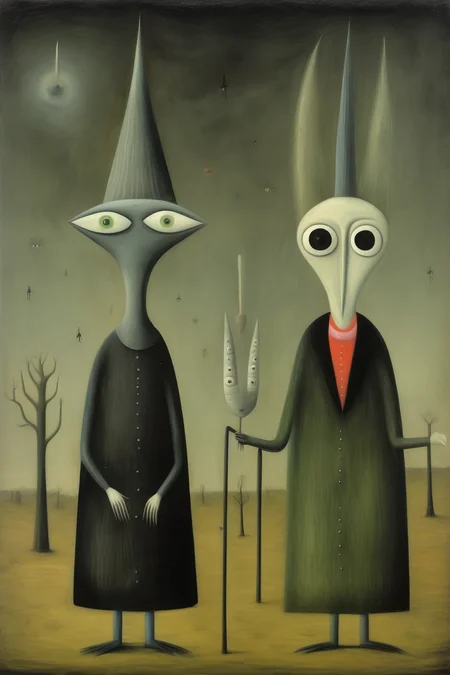 <lora:Victor Brauner Style:1>Victor Brauner Style - illustration representing toxic masculinity, in the style of Gertrude Abercrombie and Leonora Carrington