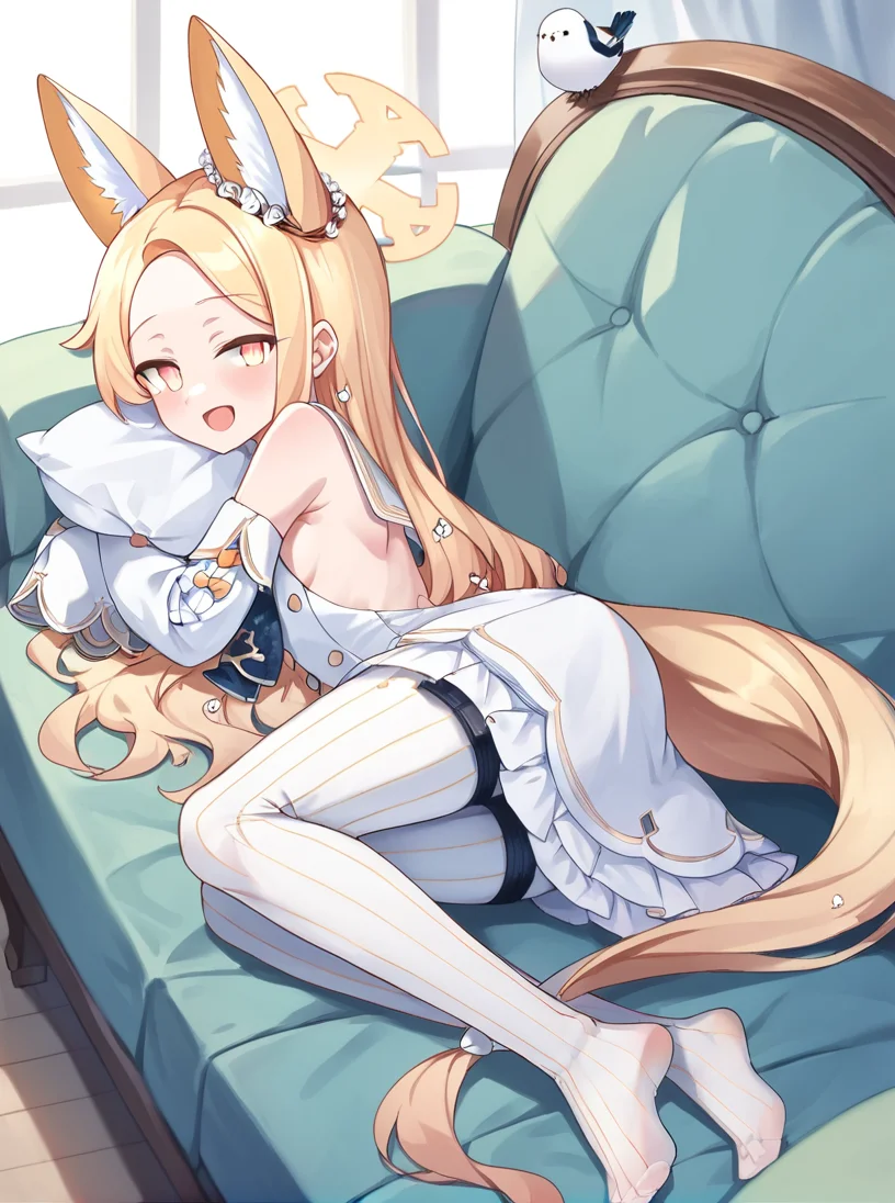 score_9, score_8_up, score_7_up, score_6_up, score_5_up, score_4_up, source_anime, rating_safe,
BREAK
, soft light, smile, lying on sofa, hugging white pillow, 1girl,<lora:DreamARTSDXL:1> ,dreamart,
BREAK
,
<lora:seia_blue archive_PONY_last:1> , seia \(blue archive\),multicolored eyes, blonde hair,long hair,animal ears,halo,white dress,sleeves past fingers,pantyhose,tail, white bird,