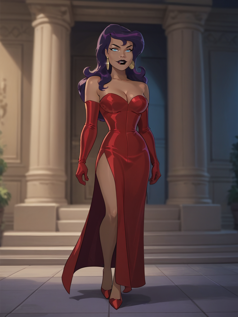 score_9, score_8_up, score_7_up, masterpiece, high quality, NorCirce, 1girl, solo, purple hair, long hair, blue eyes, red dress, earrings, boots, jewelry, dark skin,  dark-skinned female, bare shoulders, cleavage, gloves, lipstick, full body
<lora:JLUCirce-140reps:0.8>