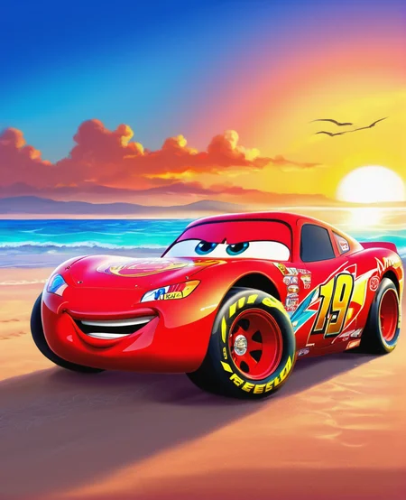 ethereal fantasy concept art of <lora:Lightning_McQueen:0.8>,black tires,eyes,lightning_mcqueen,mouth,race car,race decals,racing tires,red car,stickers,teeth,on beach,sunset,ocean in the background, . magnificent, celestial, ethereal, painterly, epic, majestic, magical, fantasy art, cover art, dreamy